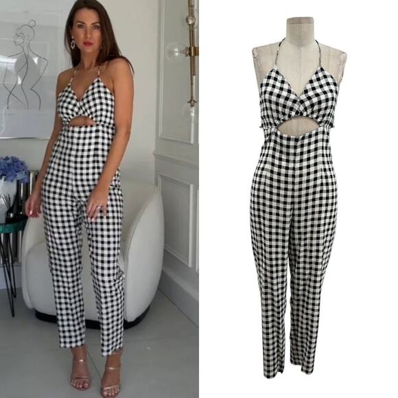 Zara Jumpsuit Cut Out Halter Gingham Check Plaid Linen Blend Black White Size XS - Picture 1 of 14